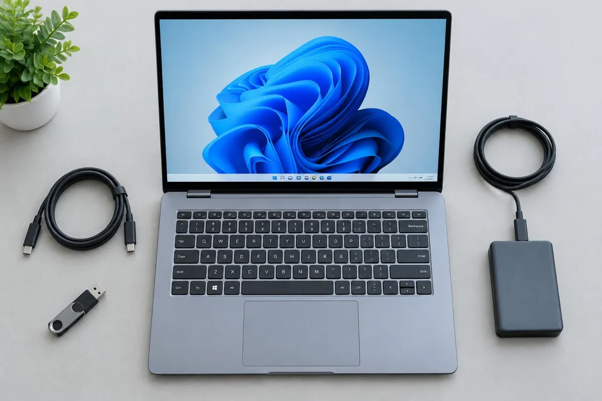 تصویر مفهومی لپتاپ با دسکتاپ ویندوز ۱۱، فلش USB و حافظه SSD خارجی روی میز